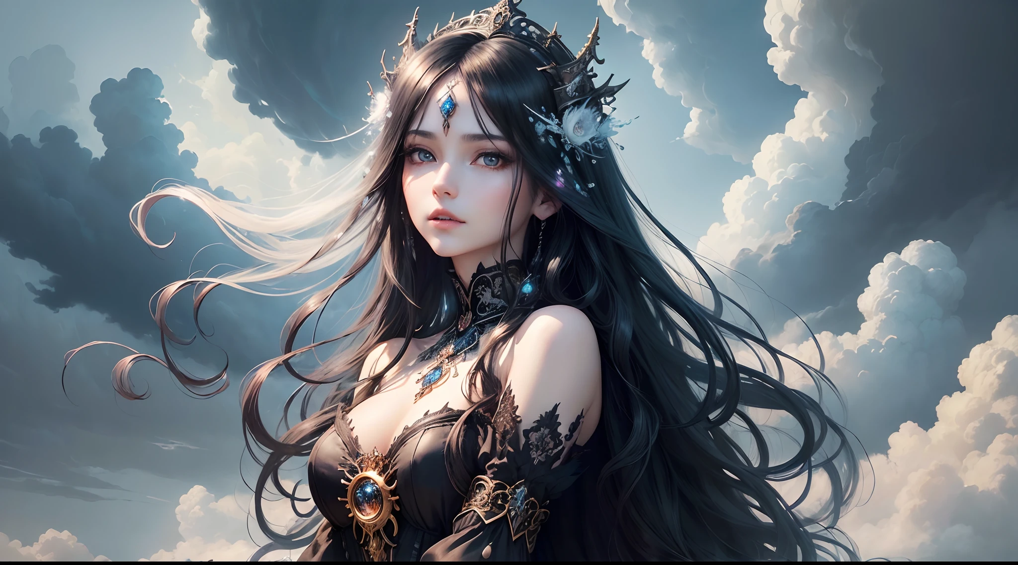 ((best quality)), ((masterpiece)), (detailed), princess long black hair with white locks and fringe, ethereal beauty, fabulously beautiful dress, (fantasy illustration: 1.3), enchanting gaze, pose captivating, delicate facial features, otherworldly charm, mystical sky, (Luis Royo:1.2), (Yoshitaka Amano:1.1), moonlit night, soft colors, (Detailed clouds:1.3), (High Resolution:1.2)
