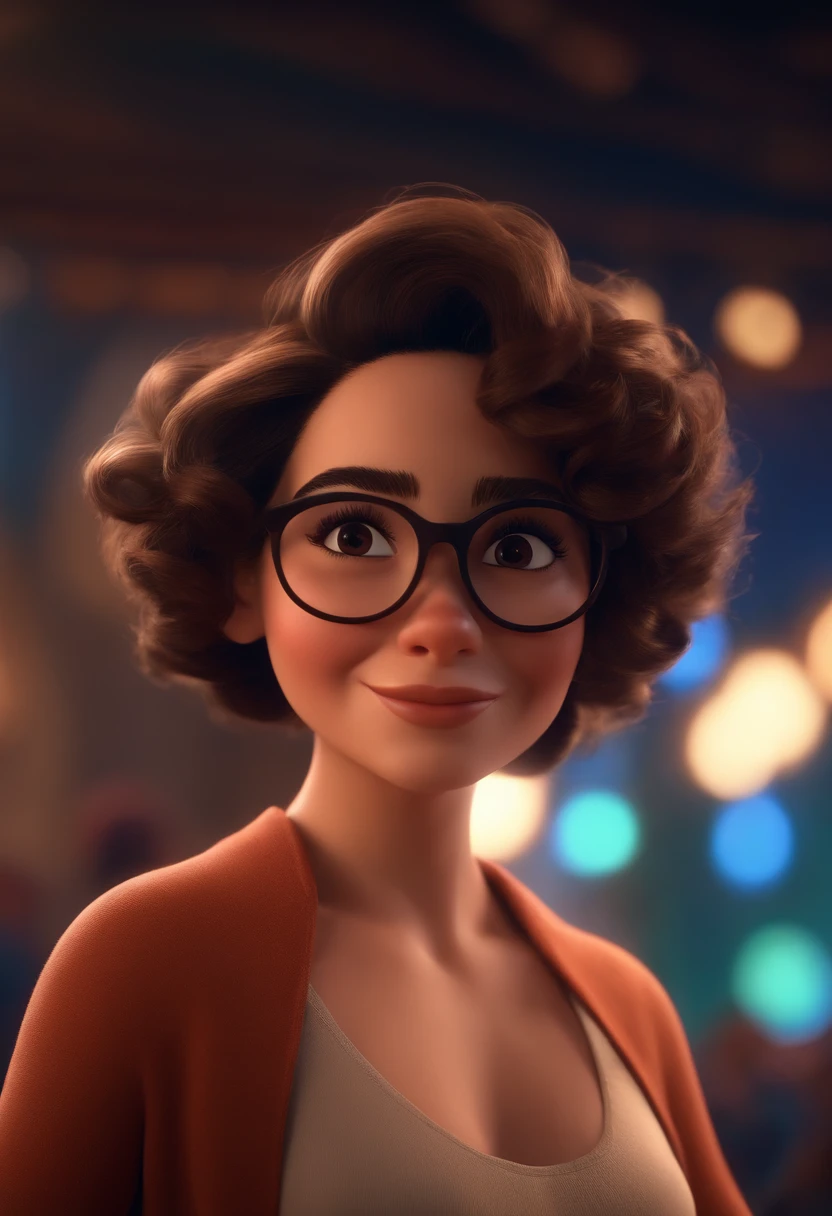 Pixar style image with 3D character white glasses brunette woman short curly hair dancing, Maquiagem Disney,Pescador, bonitinho, sorridente ,Close-up, Pixar, Disney, Cinema lighting,