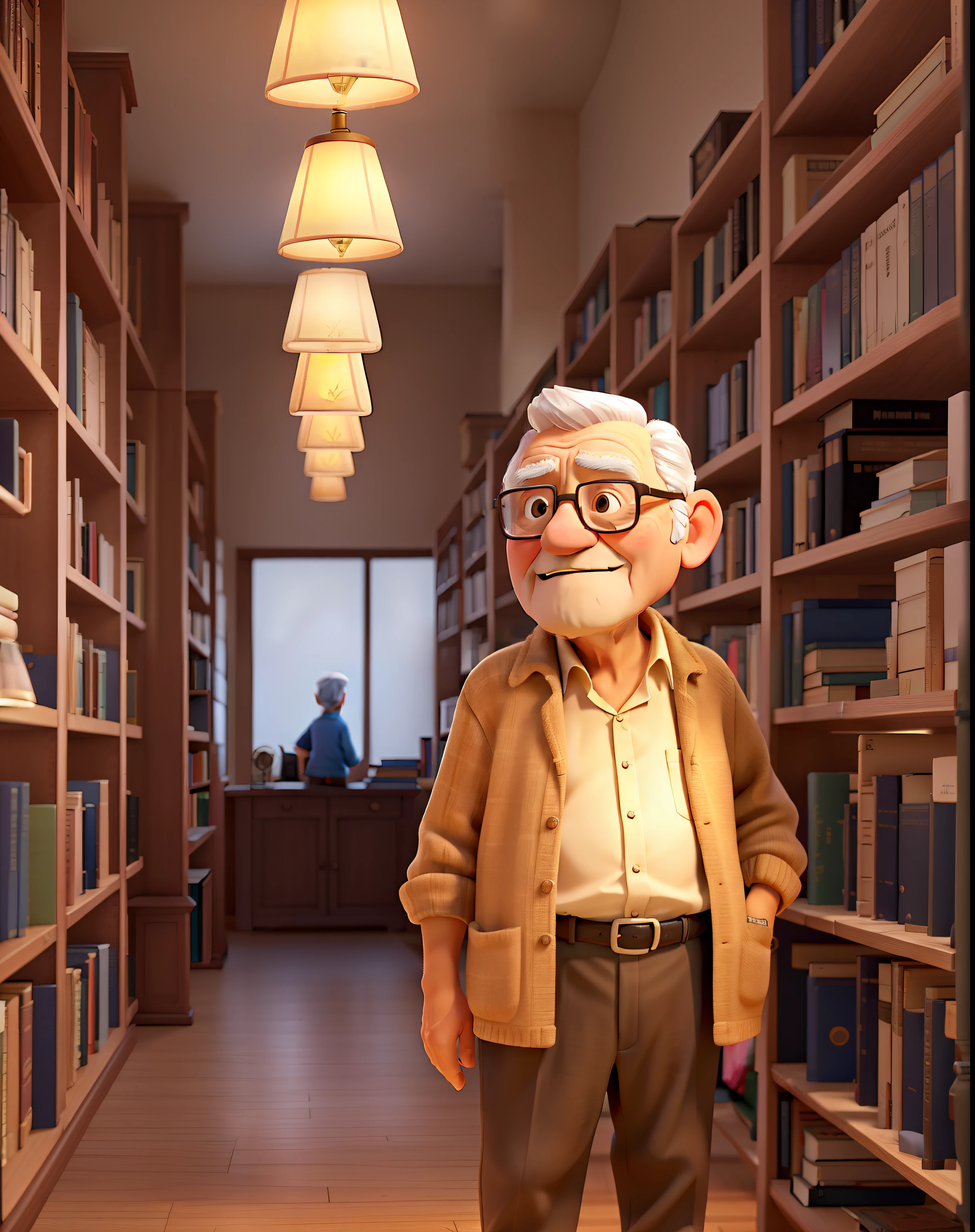 A wise old man standing in front, illuminated by the light of a lamp, against the backdrop of a library with camera and canvas