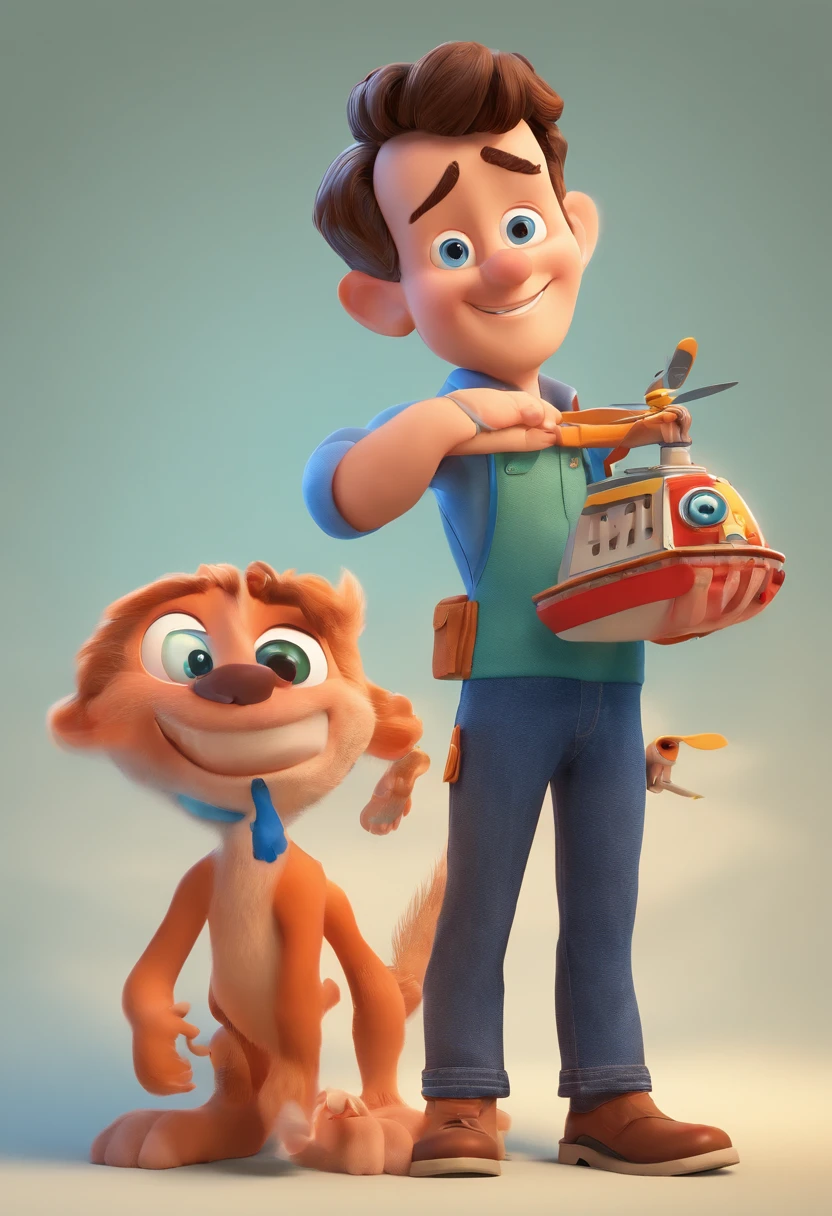 Estilo Pixar: The grown man is holding a naked blue-eyed boy and in his other hand he is holding a pair of scissors and is trying to cut off the boy's testicles,3D Poster,Disney. The boy is holding a toy plane