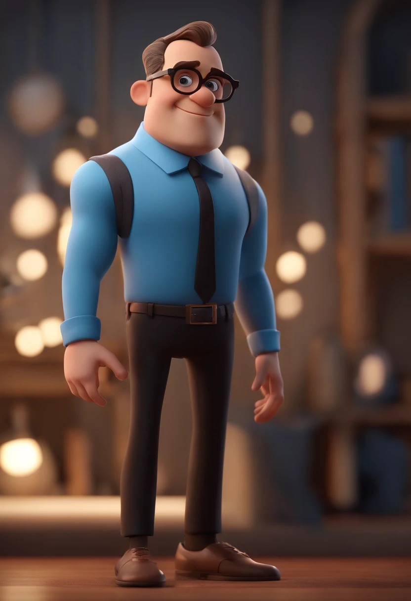 Cartoon character of a man wearing black glasses and a blue shirt, um personagem animado, Caractere estilizado, animation style rendering, 3D estilizado, Arnold Maya render, 3 d render stylized, toon render keyshot, Personagem 3D, Personagem 3D, 3d rendering stylized, 3 d character render, personagem de desenho animado, Personagem de close up, Pose de personagem, (Estilo Pixar) (master part:1.2) (Bokeh) (best quality) (pele detalhada) (textura detalhada) (8k) (argila) (Cinematic lighting) (foco nítido,Senta e vaza a parte superior do corpo
