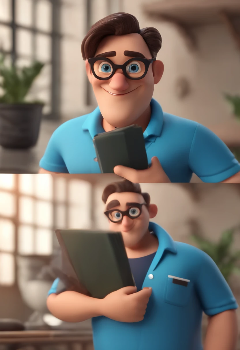 Cartoon character of a man wearing black glasses and a blue shirt, um personagem animado, Caractere estilizado, animation style rendering, 3D estilizado, Arnold Maya render, 3 d render stylized, toon render keyshot, Personagem 3D, Personagem 3D, 3d rendering stylized, 3 d character render, personagem de desenho animado, Personagem de close up, Pose de personagem, (Estilo Pixar) (master part:1.2) (Bokeh) (best quality) (pele detalhada) (textura detalhada) (8k) (argila) (Cinematic lighting) (foco nítido，Senta e vaza a parte superior do corpo