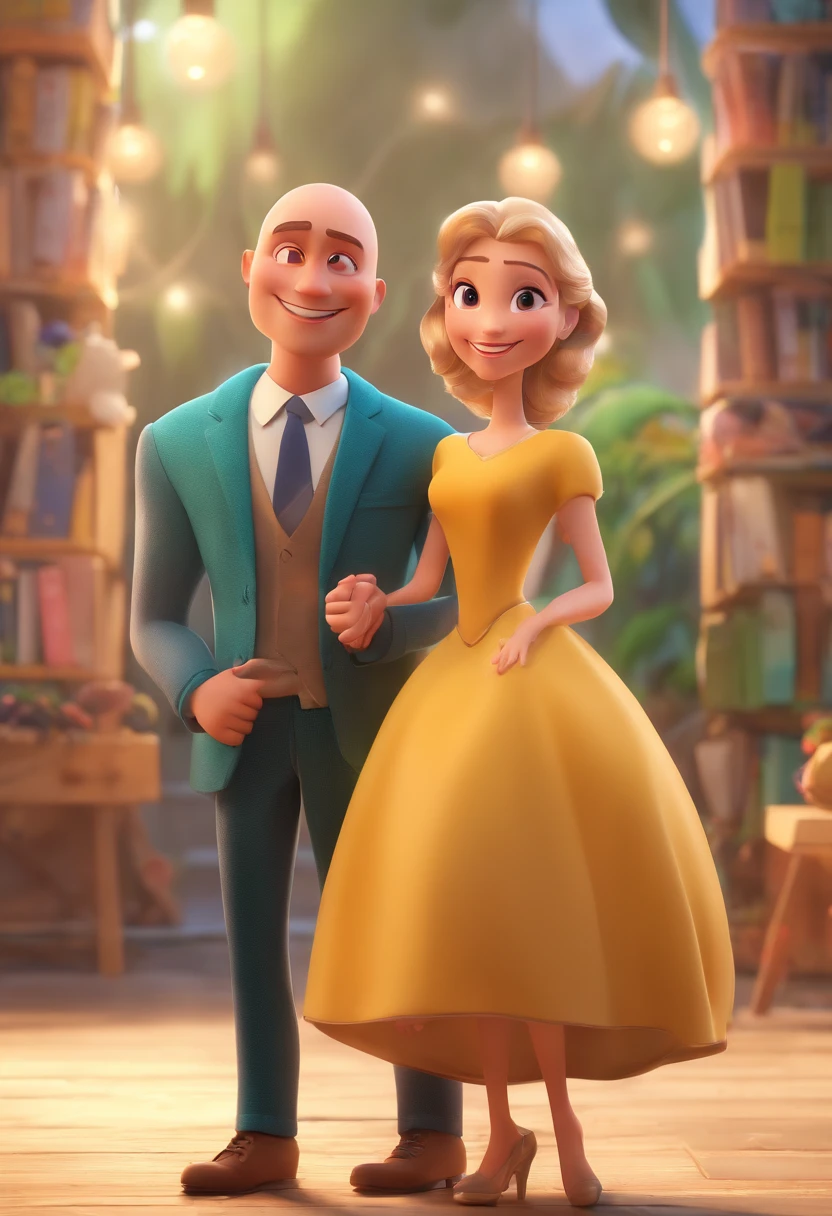 An illustration of an adorable couple, Spotlight on an athletic bald white man with green eyes and a white woman with beautiful expressive eyes - the man's skin is white and he is bald, the woman's hair is straight and brown. They are a bright room, cada um com um sorriso no rosto, e compartilhar um momento especial caracterizado pelo amor, Insights. Illustrate this scene from a perspective where they are facing the camera, Smiling and Showing Your Connection. Desenvolva esta arte em Full HD, Focus on your cinematic touch, Estilo Disney Pixar Animations