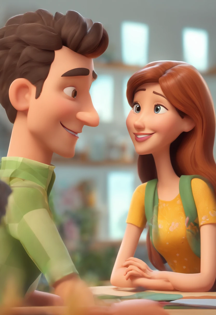 An illustration of an adorable couple, Spotlight on an athletic bald white man with green eyes and a white woman with beautiful expressive eyes - the man's skin is white and he is bald, the woman's hair is straight and brown. They are a bright room, cada um com um sorriso no rosto, e compartilhar um momento especial caracterizado pelo amor, Insights. Illustrate this scene from a perspective where they are facing the camera, Smiling and Showing Your Connection. Desenvolva esta arte em Full HD, Focus on your cinematic touch, Estilo Disney Pixar Animations
