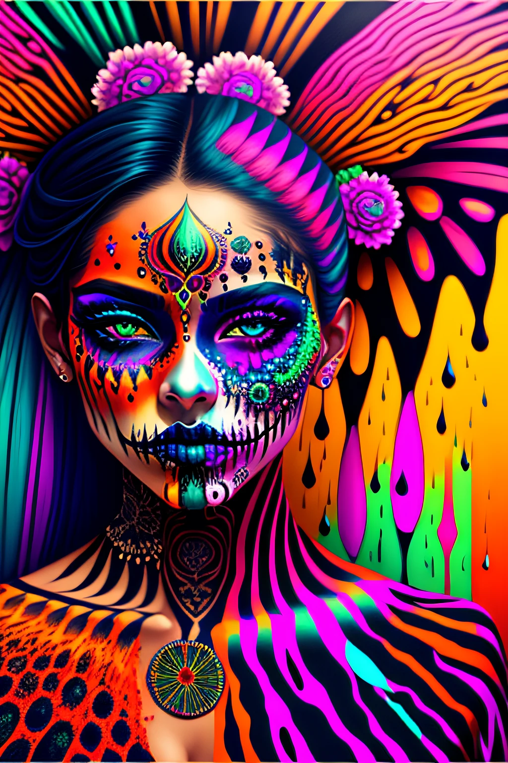 in a psychedelic style a representation of the Day of the Dead on a female face, magnificent and detailed. Lots of texture and an explosion of multiple colored powder in the background