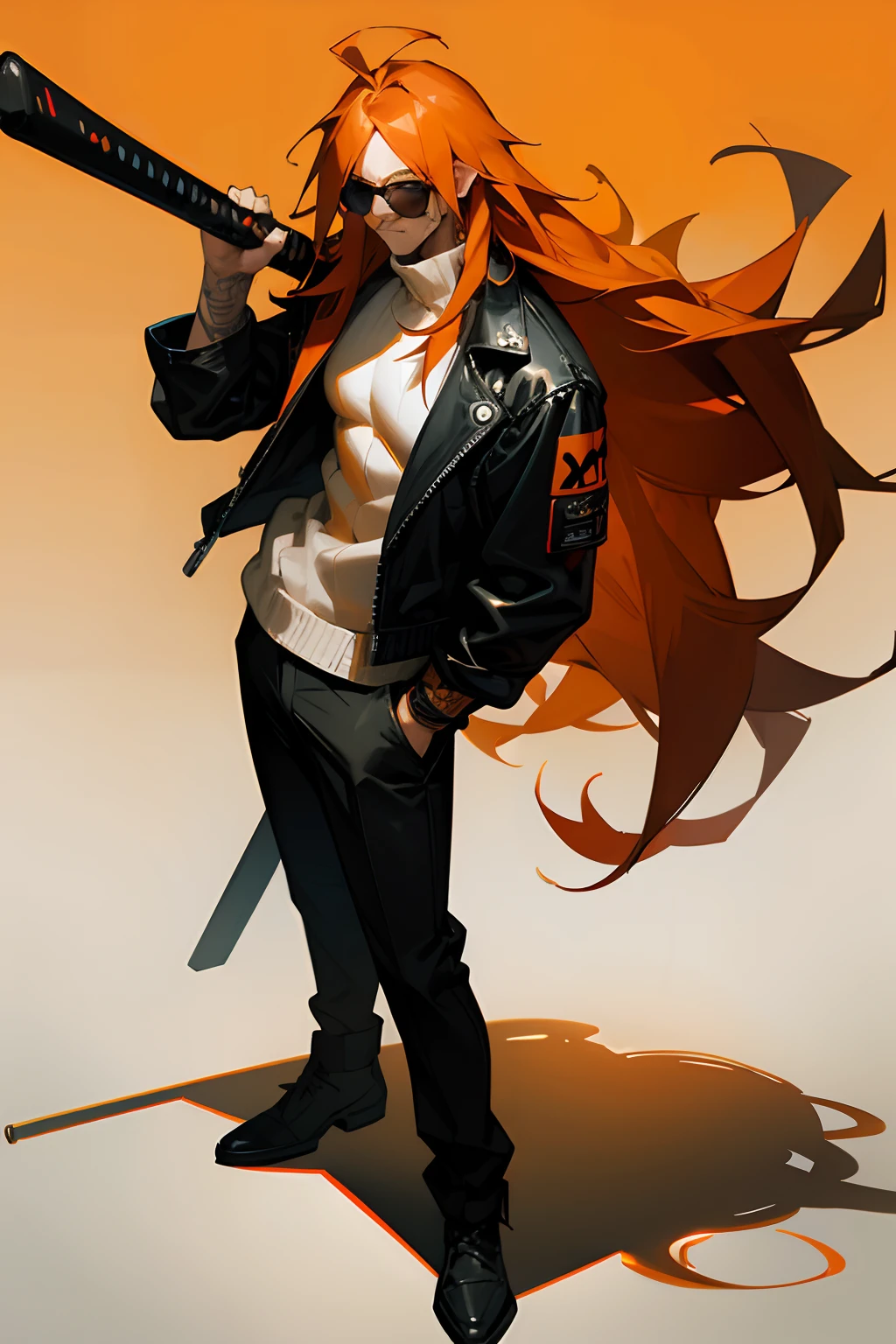 (masterpiece) large, strong male, very long hair, messy orange hair, white turtleneck sweater, orange tinted sunglasses, grumpy expression, black leather jacket, beaten up, full body, thug, gang member, holding a baseball bat, tough, cyberpunk, streetpunk, man