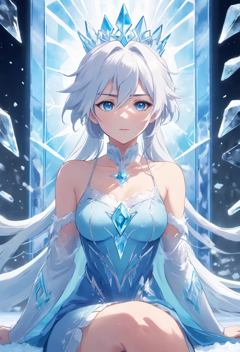 Anime, (masterpiece) White-haired ice queen with beautiful, white eyes, with a serious look looking at the fourth wall, sitting on an ice throne wearing a blue dress