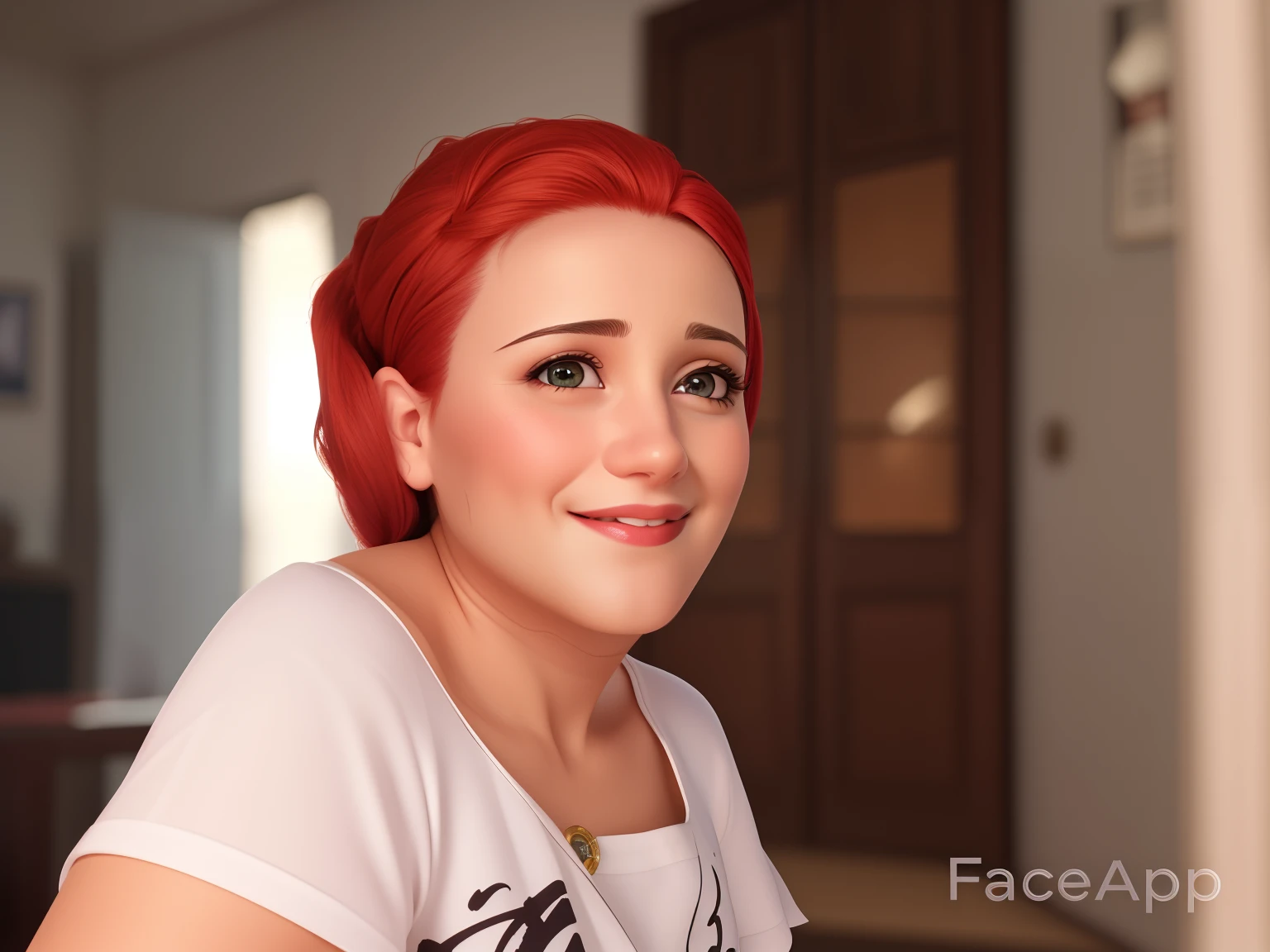Uma mulher de 30 anos, com cabelos castanhos curtos, Rosto redondo, rosto redondo com sorriso encantador, e olhos castanhos
