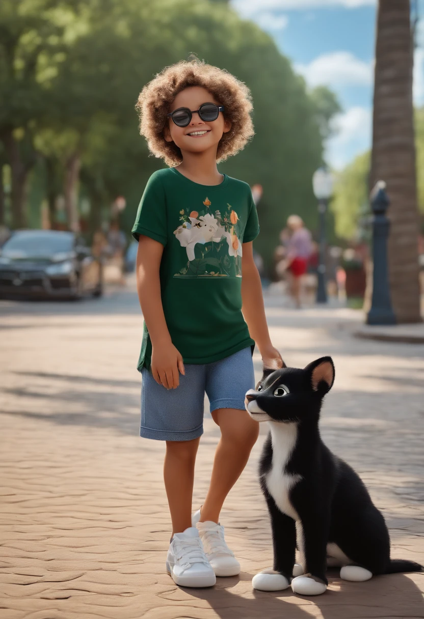 criar uma arte estilo desenho animado 3d da Disney Pixar, Familia, com um Homem de barba curta, cabelo preto curto, vestido com uma camiseta branca, jeans and white sneakers, A woman with straight, cabelo loiro vestido com uma camiseta preta, Dark green skirt and sandals, A little children girl, blonde with medium curly hair, vestido com um vestido rosa e sapatos brancos, um menino com cabelos claros, wearing glasses, a black t-shirt and shorts wearing black sneakers, um gatinho cinza gordo, com um parque no fundo em um dia ensolarado Pixar 3d, realista,