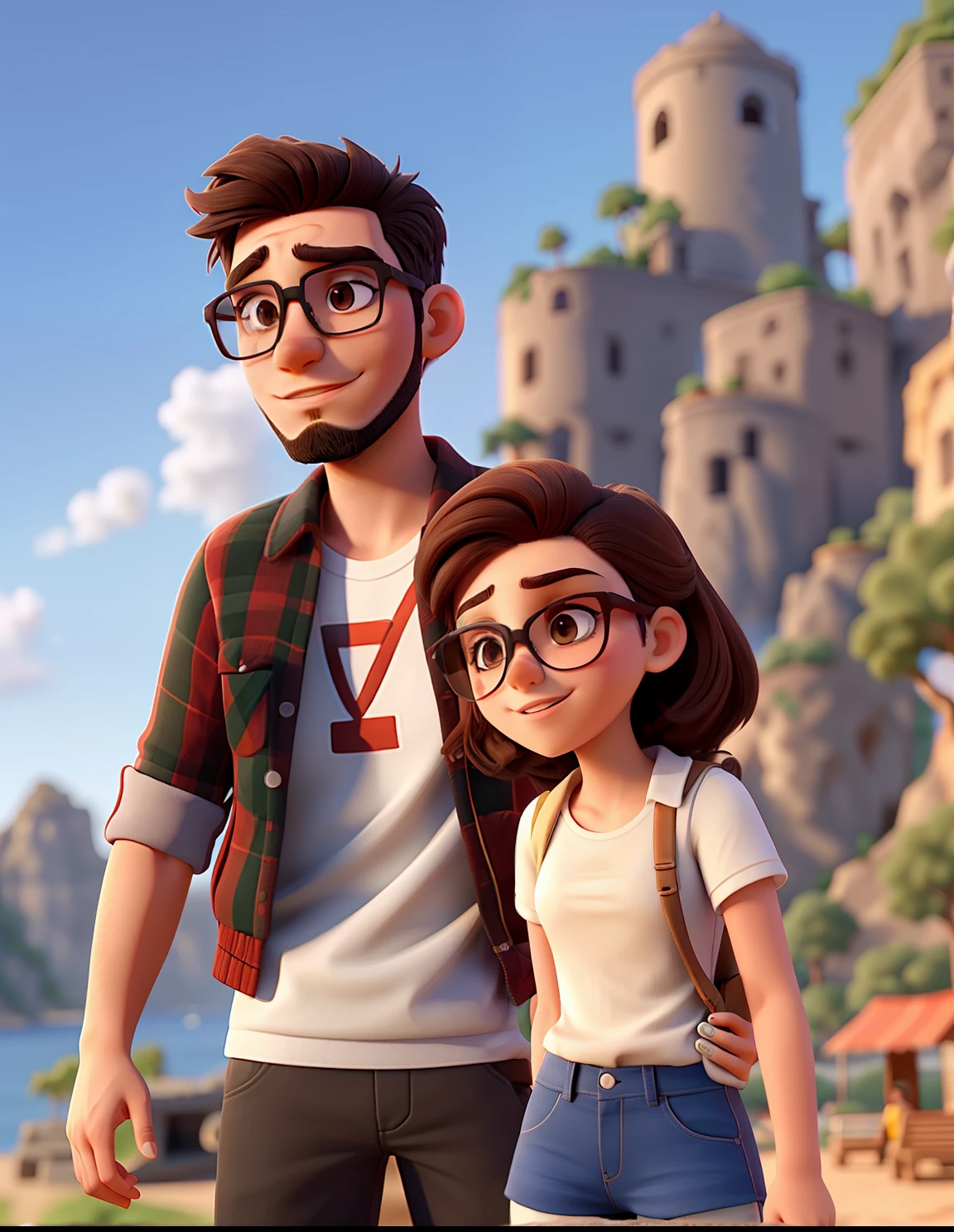Young couple with sunglasses and passionate look. O jovem rapaz tem barba no rosto todo. The two of them are in a very beautiful background landscape