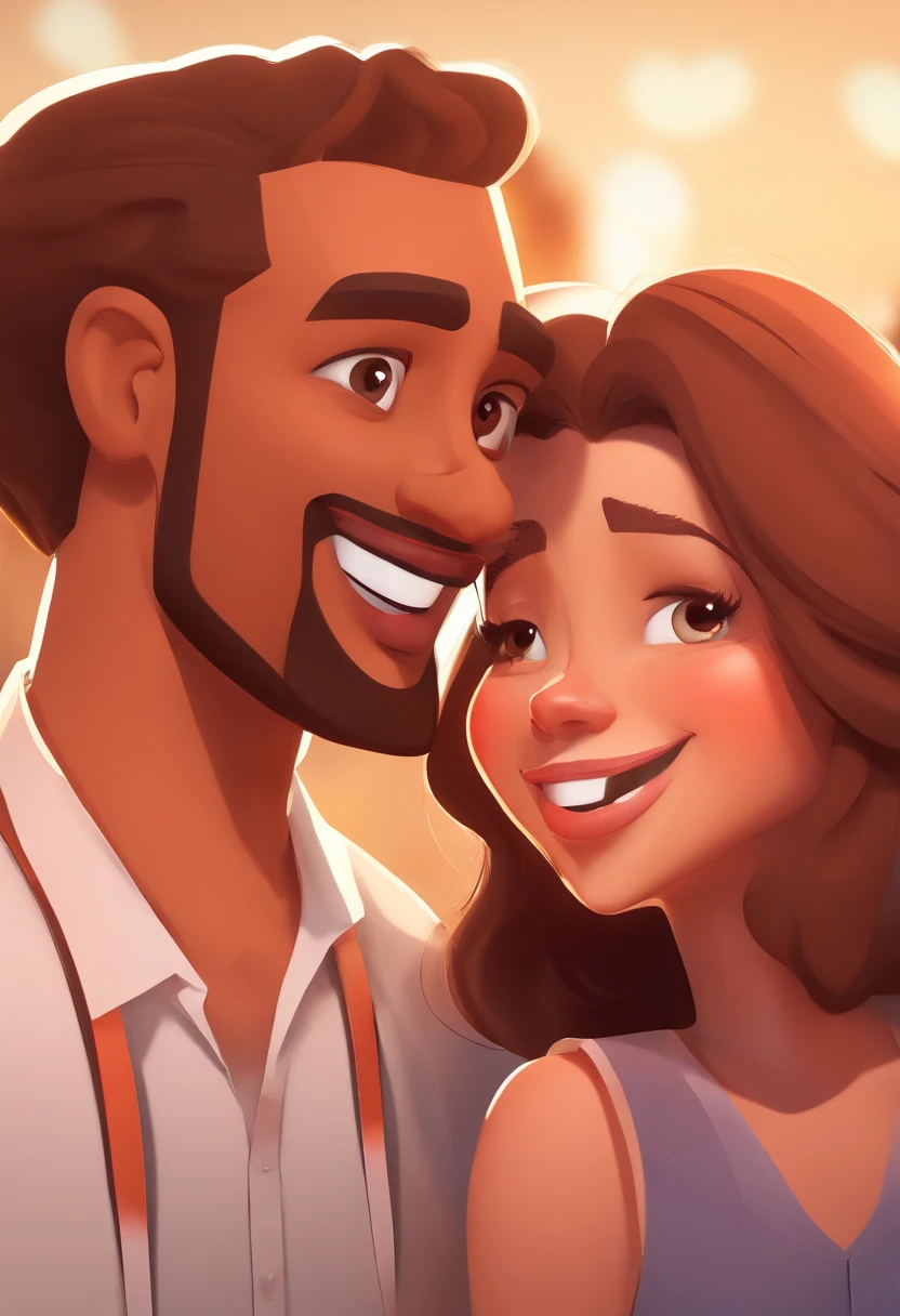 An illustration of an adorable couple, Highlight for a smiling mulatto and a white woman with beautiful expressive eyes - the man's skin is mulatto and bald, The woman's skin is white and the woman's hair is straight, comprido e castanho. cada um com um sorriso no rosto, e compartilhar um momento especial caracterizado pelo amor, Insights. Illustrate this scene from a perspective where they are facing the camera, Smiling and Showing Your Connection. Desenvolva esta arte em Full HD, Focus on your cinematic touch, Estilo Disney Pixar Animations