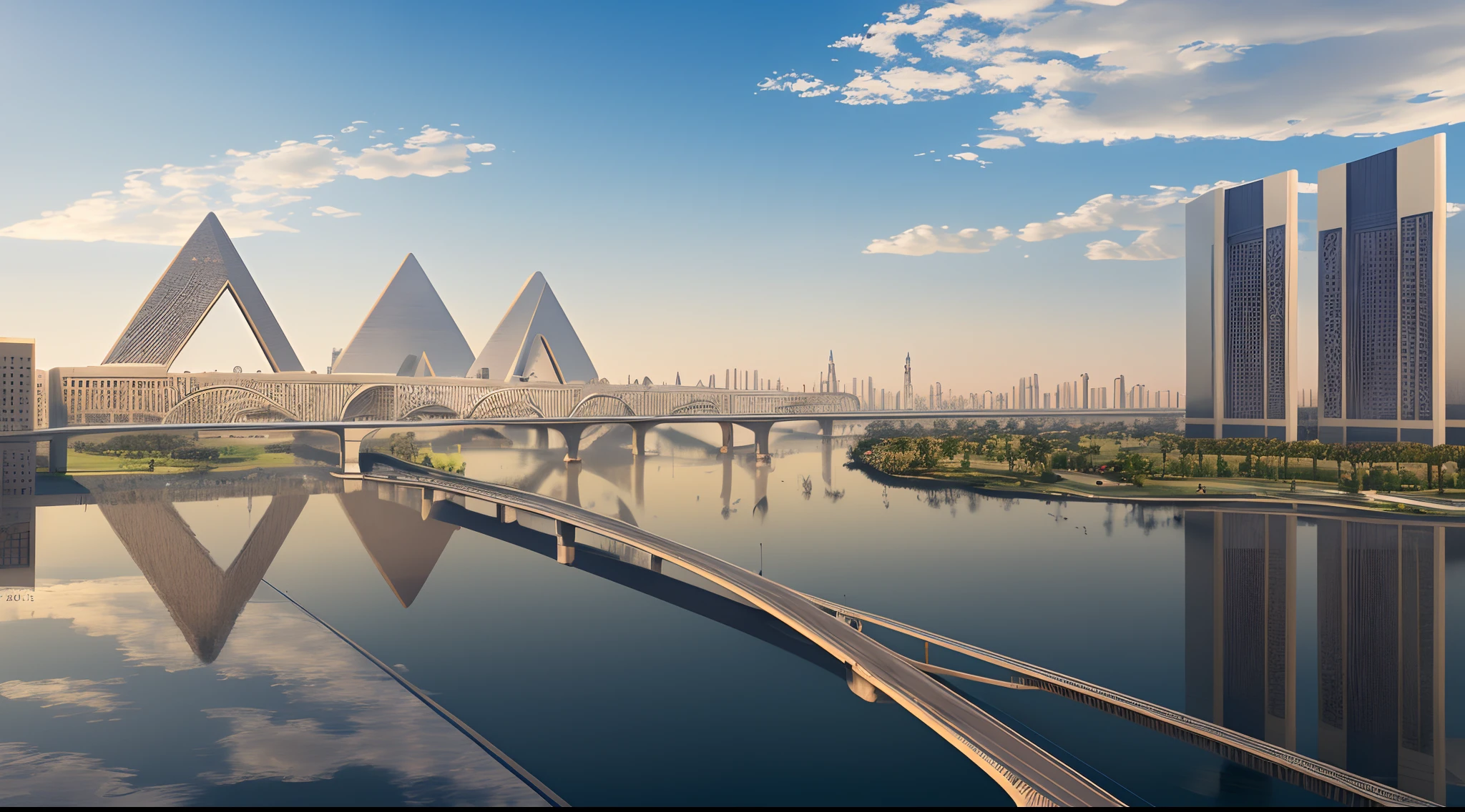 realistic, civilization, modern Egyptian architecture, year 2023, two residential towers connected via a bridge in the middle, the Nile River and Egyptian prints, architectural display, steel facades covered with reflective glass, in the background a sunny day and a sky with clouds of shadows. --auto --s2