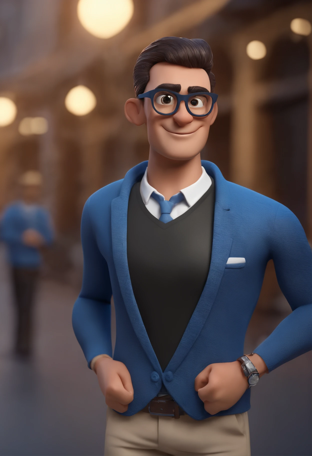 Cartoon character of a man wearing black glasses and a blue shirt, um personagem animado, Caractere estilizado, animation style rendering, 3D estilizado, Arnold Maya render, 3 d render stylized, toon render keyshot, Personagem 3D, Personagem 3D, 3d rendering stylized, 3 d character render, personagem de desenho animado, Personagem de close up, Pose de personagem, (Estilo Pixar) (master part:1.2) (Bokeh) (best quality) (pele detalhada) (textura detalhada) (8k) (argila) (Cinematic lighting) (foco nítido,Senta e vaza a parte superior do corpo