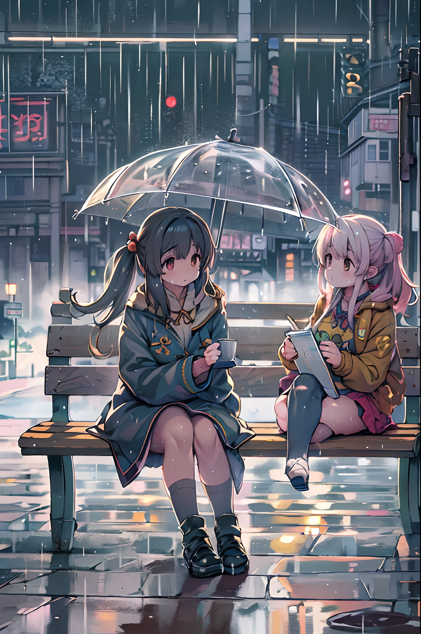 Two girls,under the rain、Anime characters sitting on a bench under an umbrella, Sateen!, Sateen!!, Kantai Collection Style, Sateen!!!, after rain and no girl, kawacy, anime style 4 k, In the rain, It's raining outside, anime moe art style, under rain, Cute art style, rainy day, Trending on ArtStation pixiv, official artwork