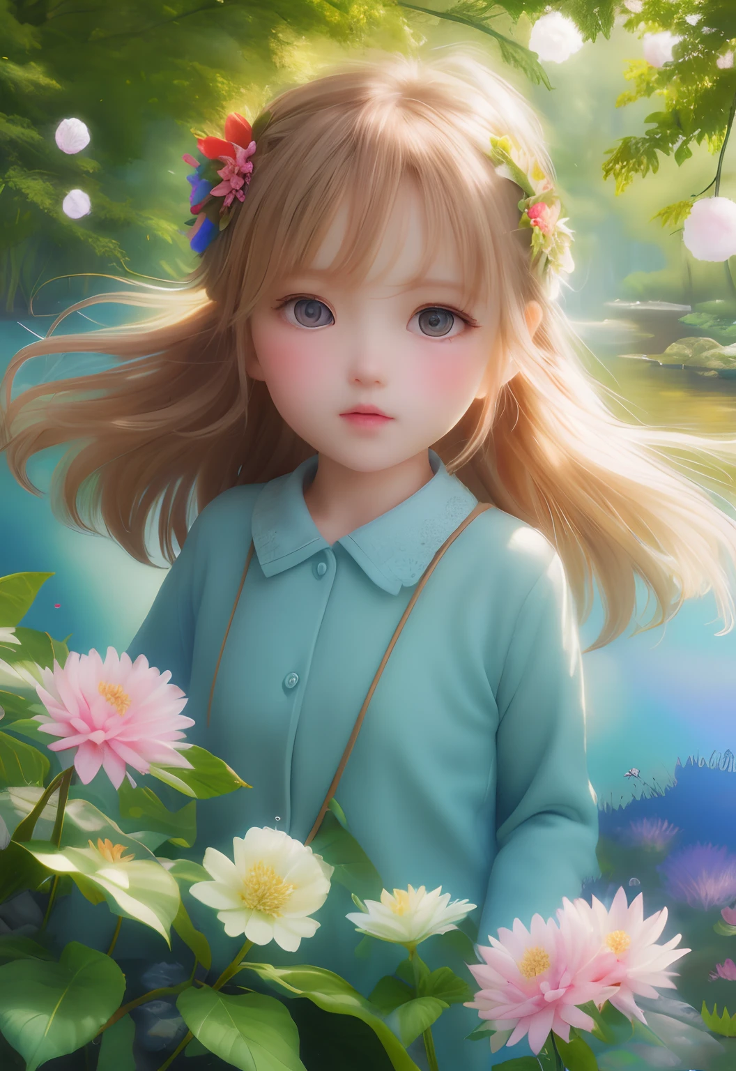 Girl in the forest with floating flowers, River, puffies, Puffy cheeks, Cute,
Vibrant colors, Colorful art style, 
Soft lighting, Soft shadows, Detailed textures, Dynamic lighting,  
nice hand, Perfect hands,