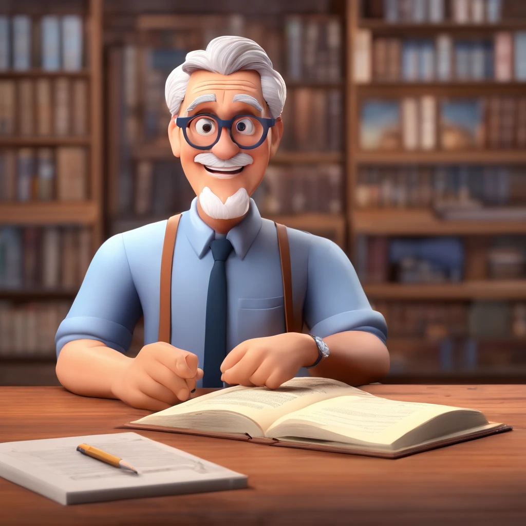 Crie um cartaz inspirado na Disney Pixar com o personagem sendo o pastor Rubens Janier, A gray-haired man wearing glasses, in an office with a Bible on the tables menina