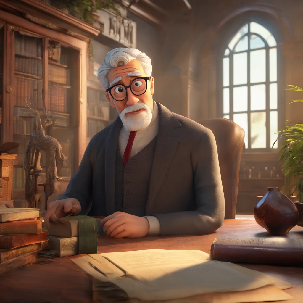 Crie um cartaz inspirado na Disney Pixar com o personagem sendo o pastor Rubens Janier, A gray-haired man wearing glasses, in an office with a Bible on the tables menina