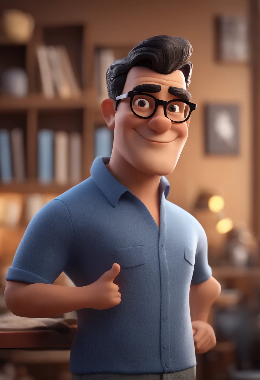 Cartoon character of a man with black glasses and a blue shirt, animation character, Caractere estilizado, animation style rendering, 3D estilizado, Arnold Maya render, 3 d render stylized, toon render keyshot, Personagem 3D, Personagem 3D, 3d rendering stylized, 3 d character render, personagem de desenho animado, Personagem de close up, Pose de personagem,  (Estilo Pixar) (master part:1.2) (Bokeh) (best quality) (pele detalhada) (textura detalhada) (8k) (argila) (Cinematic lighting) (foco nítido