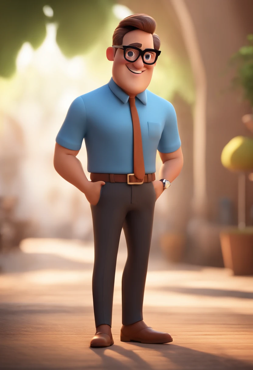 Cartoon character of a man with black glasses and a blue shirt, animation character, Caractere estilizado, animation style rendering, 3D estilizado, Arnold Maya render, 3 d render stylized, toon render keyshot, Personagem 3D, Personagem 3D, 3d rendering stylized, 3 d character render, personagem de desenho animado, Personagem de close up, Pose de personagem,  (Estilo Pixar) (master part:1.2) (Bokeh) (best quality) (pele detalhada) (textura detalhada) (8k) (argila) (Cinematic lighting) (foco nítido