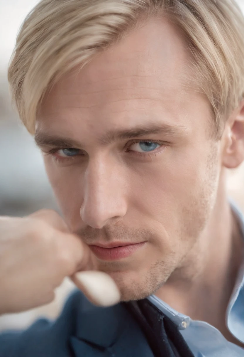 Fair complexion, Male about 36 years old, Natural Blonde Hair, Distinctive blue eyes, Wearing Kohl, slender and graceful, beutiful, Cabinet furnishings, ultra sharp focus, realistic shot, Clothing Classic Three-piece Suit, Notebook colors