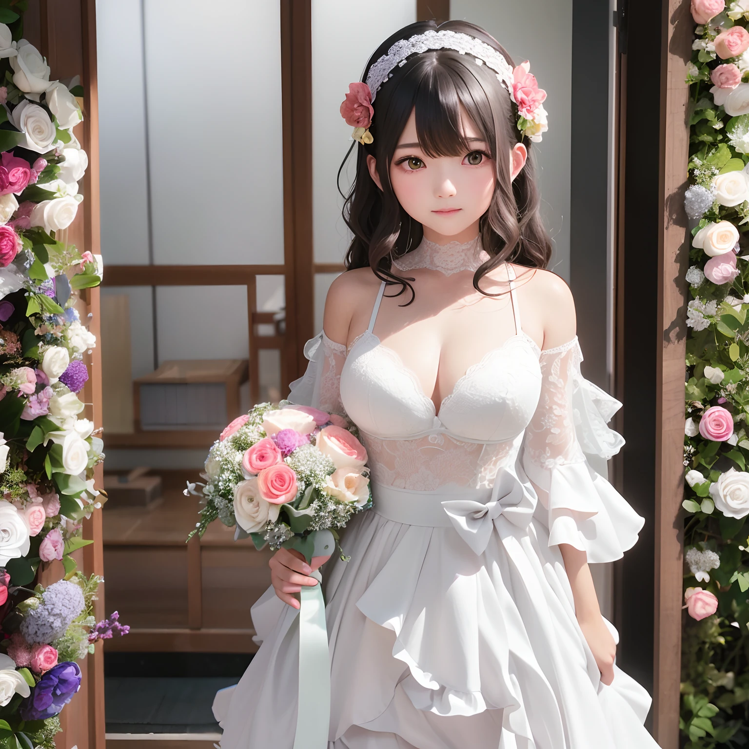 The upper part of the body、女の子1人、Grey paper、Curly hair、association、floral headband、Large breasts、weddingdress、Japan anime-style odd-eye,Bra with lace、off shoulders、Standing with a beautiful bouquet of flowers