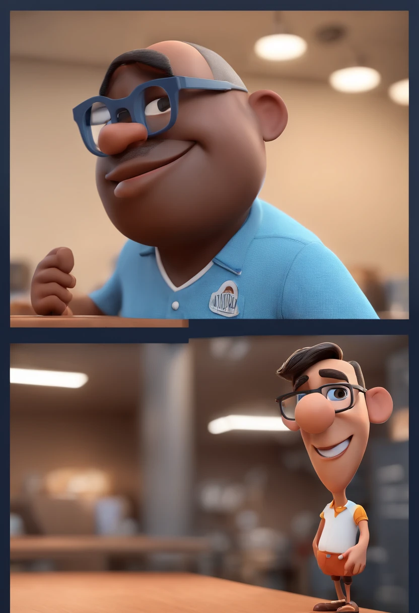 Cartoon character of a man with black glasses and a blue shirt, animation character, Caractere estilizado, animation style rendering, 3D estilizado, Arnold Maya render, 3 d render stylized, toon render keyshot, Personagem 3D, Personagem 3D, 3d rendering stylized, 3 d character render, personagem de desenho animado, Personagem de close up, Pose de personagem,  (Estilo Pixar) (master part:1.2) (Bokeh) (best quality) (pele detalhada) (textura detalhada) (8k) (argila) (Cinematic lighting) (foco nítido