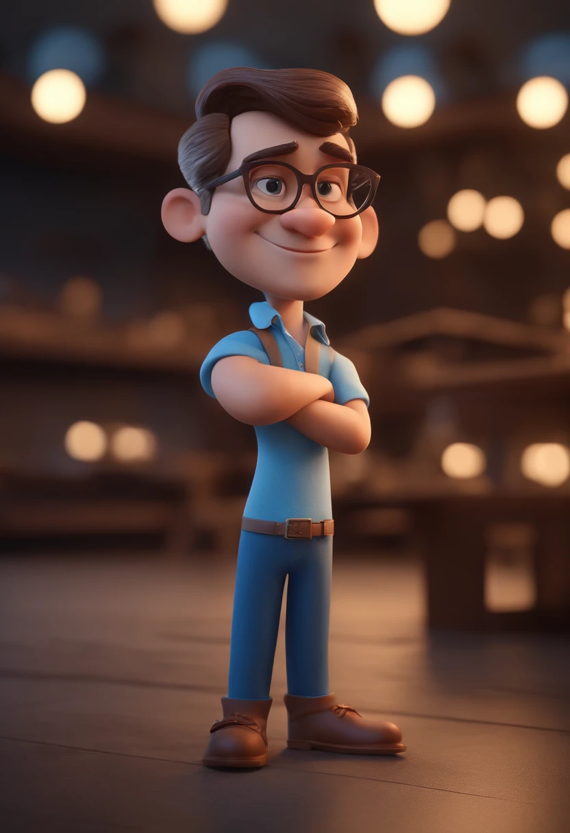 Cartoon character of a man with black glasses and a blue shirt, animation character, Caractere estilizado, animation style rendering, 3D estilizado, Arnold Maya render, 3 d render stylized, toon render keyshot, Personagem 3D, Personagem 3D, 3d rendering stylized, 3 d character render, personagem de desenho animado, Personagem de close up, Pose de personagem,  (Estilo Pixar) (master part:1.2) (Bokeh) (best quality) (pele detalhada) (textura detalhada) (8k) (argila) (Cinematic lighting) (foco nítido