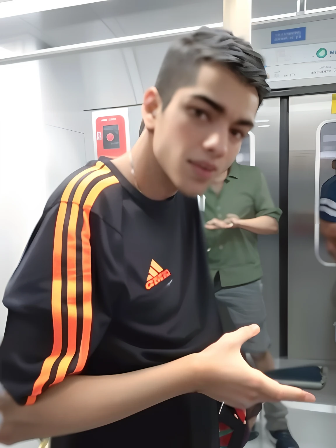 There's a young man with a cell phone in his hand, imagem de qualidade muito baixa, in a subway, foto de perfil 1024px, Alex, Mohamed Chahin, caio santos, sentou-se no trem aile, icaro carvalho, em torno de 1 9 anos, adolescente do sexo masculino, em um elevador, edu souza, imagem desfocada