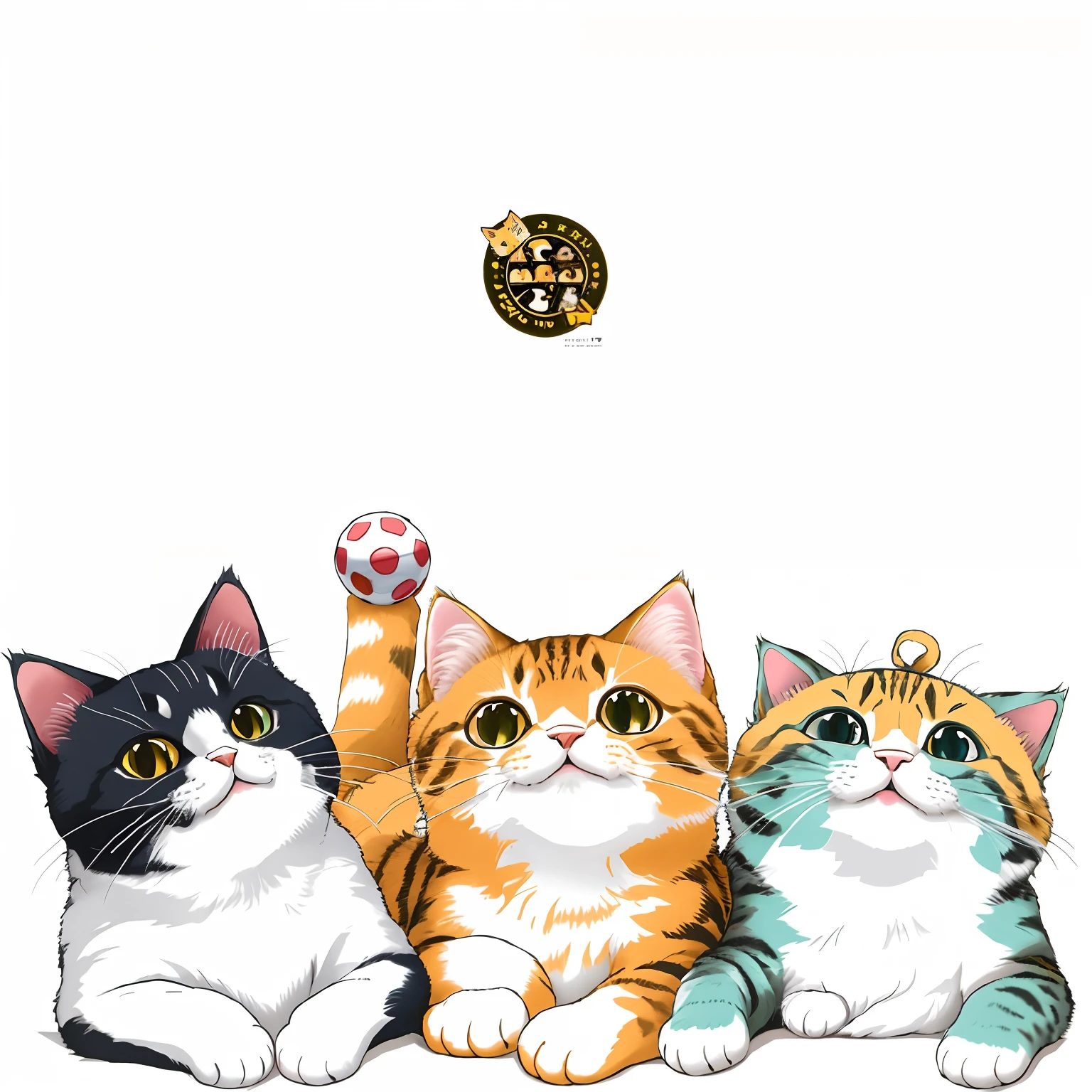 Three cats sit side by side，One holds a ball of yarn, Cute cats, three cats drinking in a bar, cats party, cat design, meeting of the cats, Cats, cat theme banner, illustration of 2 cats, illustration of a cat, Cats! are around, anime visual of a cute cat, Cats play poker,  cat tower