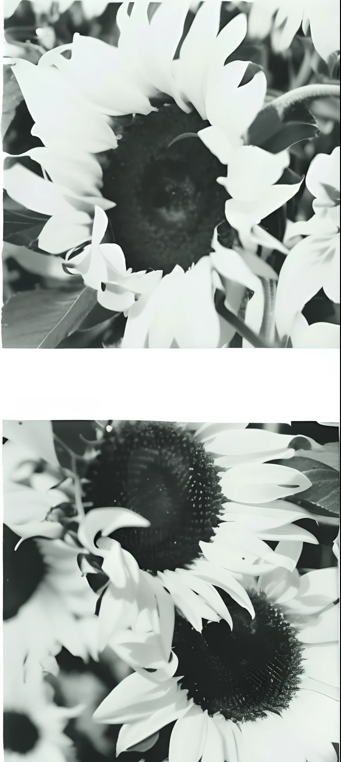 There are two pictures of a sunflower with a black and white background, high - resolution scan, imagem muito granulada, high-resolution photograph, high-resolution photograph, foto granulada danificada, high - resolution scan, high resolution film still, foto danificada, high-resolution art scanning, file pigment printing, divertido, extremely high-resolution, alta resolução