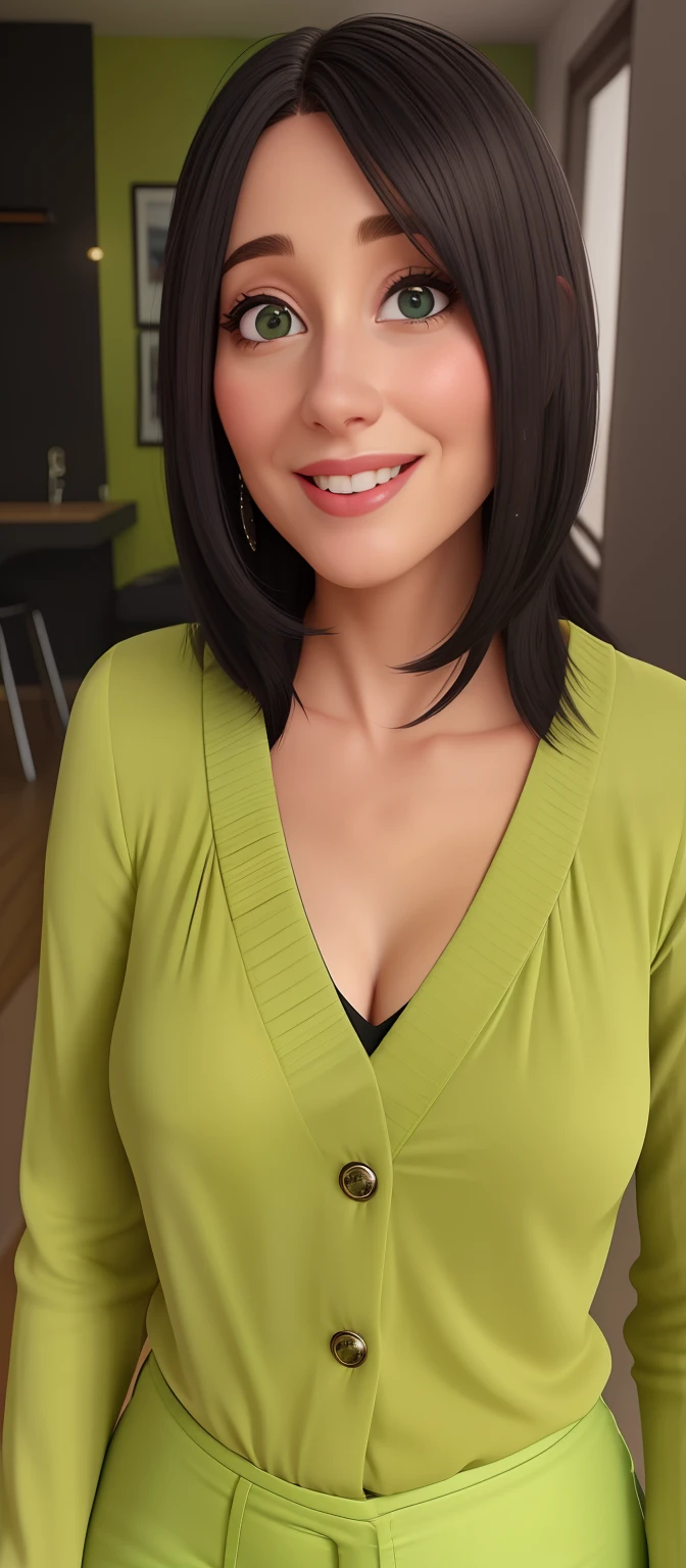 Uma mulher de 50 anos, com longos cabelos castanhos escuros ,olhos verdes brilhantes, Rosto redondo, sorriso encantador , In a saloom, studio lighting, . She's wearing black clothes, blouse and black jeans