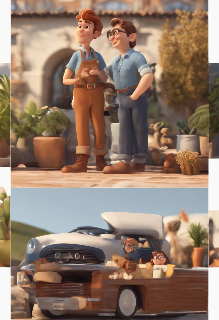 personagem dos desenhos animados de um homem de pele clara, cabelos curtos e cacheados, usando uma jaqueta azul, camisa branca, black pant, white sneakers, paisagem arborizada, com carros, um personagem animado, Caractere estilizado, animation style rendering, 3D estilizado, Arnold Maya render, 3 d render stylized, toon render keyshot, Personagem 3D, Personagem 3D, 3d rendering stylized, 3 d character render, personagem de desenho animado, Personagem de close up, Pose de personagem, (Estilo Pixar) (master part:1.2) (Bokeh) (best quality) (pele detalhada) (textura detalhada) (8k) (argila) (Cinematic lighting) (foco nítido,Senta e vaza a parte superior do corpo