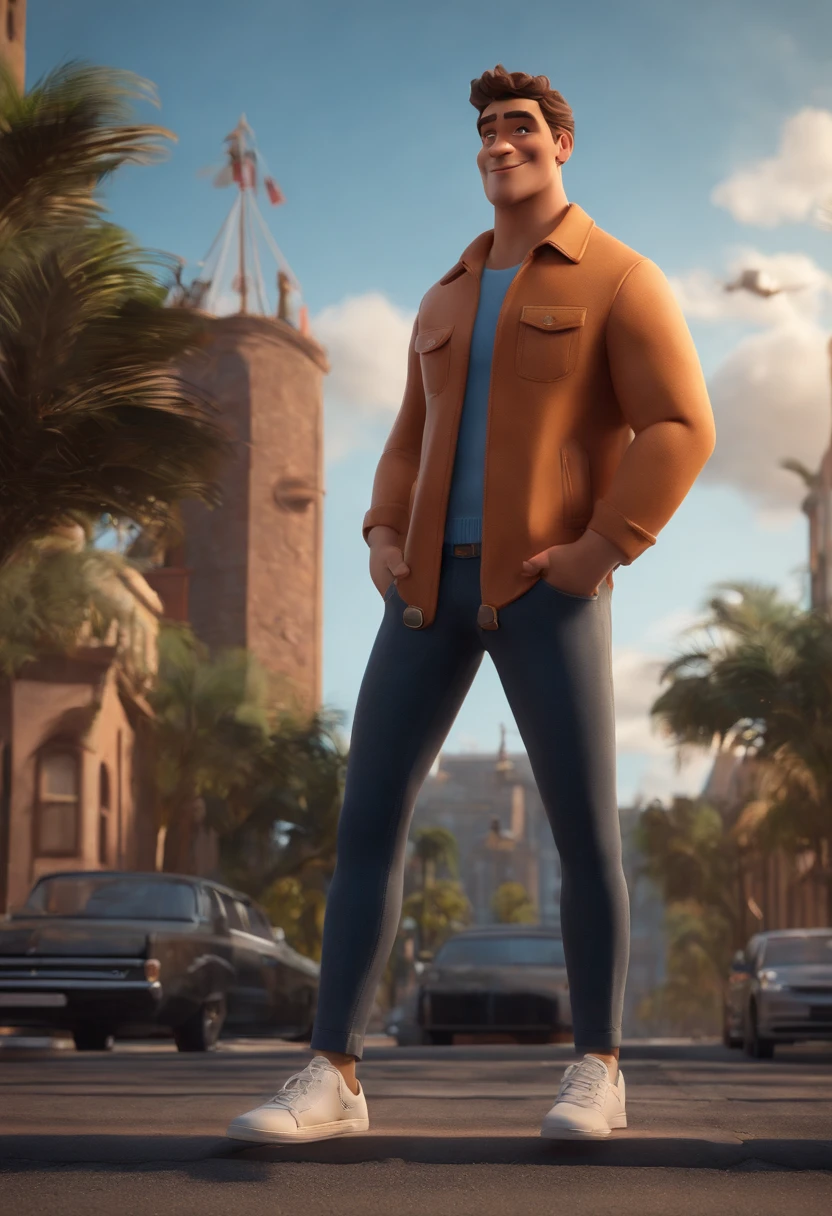 personagem dos desenhos animados de um homem de pele clara, cabelos curtos e cacheados, usando uma jaqueta azul, camisa branca, black pant, white sneakers, paisagem arborizada, com carros, um personagem animado, Caractere estilizado, animation style rendering, 3D estilizado, Arnold Maya render, 3 d render stylized, toon render keyshot, Personagem 3D, Personagem 3D, 3d rendering stylized, 3 d character render, personagem de desenho animado, Personagem de close up, Pose de personagem, (Estilo Pixar) (master part:1.2) (Bokeh) (best quality) (pele detalhada) (textura detalhada) (8k) (argila) (Cinematic lighting) (foco nítido，Senta e vaza a parte superior do corpo