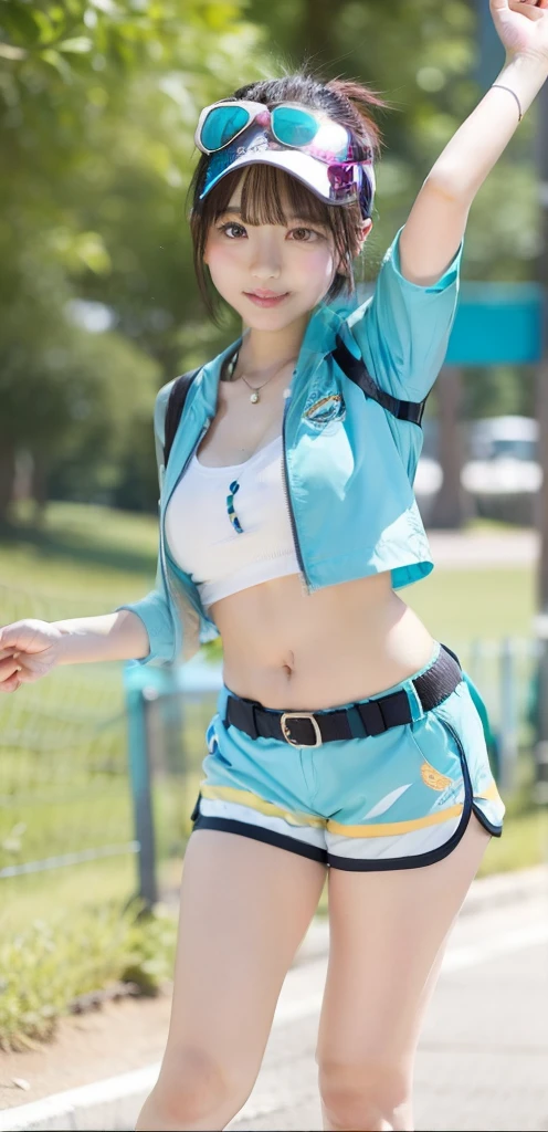 Cute look、infp young woman、large full breasts、beautiful foot、、、Good Style、Tops、Turquoise shorts、Turquoise Blue Jacket、short-hair、Sun visor