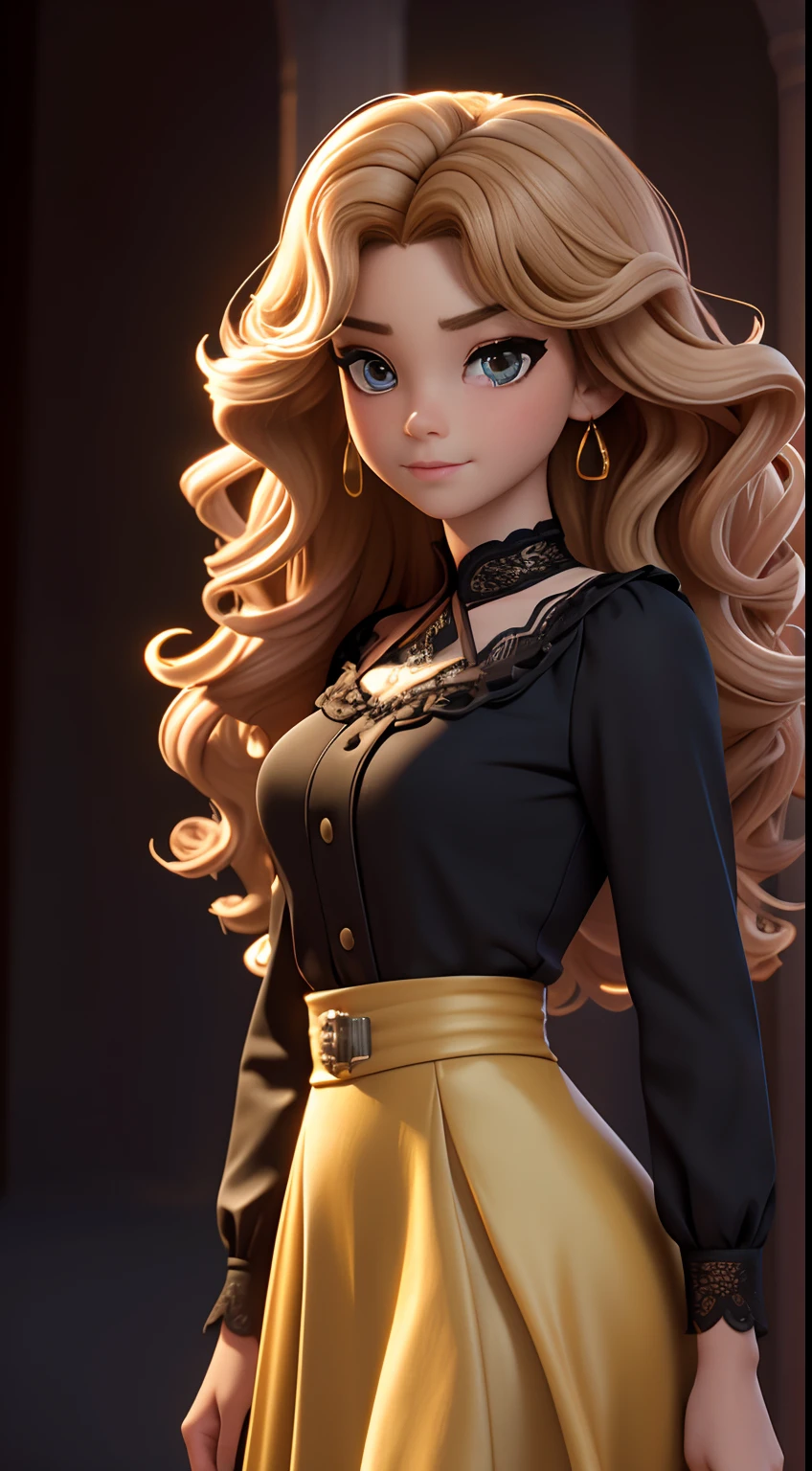 (Masterpiece),((High quality d)),(best beautiful:1.2),(artwork of a),((3D stereoscopic face)),8K,(Disney),A girl with a beautiful face,Yellow curly hair,faint blush,Wearing a black lace top,Standing on the modern stage,Her eyes were focused into the distance,She was an Assassin,The background is blurry and mysterious,Illuminated by light,Enchanted expression,artistic design,Three-dimensional,close lens,((The sides are smoky)),