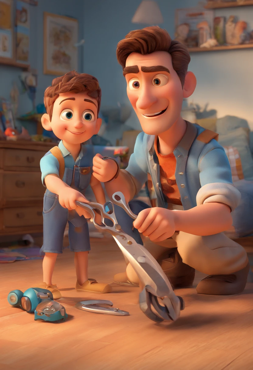 Estilo Pixar: The grown man is holding a naked blue-eyed boy and in his other hand he is holding a pair of scissors and is trying to cut off the boy's testicles,3D Poster,Disney