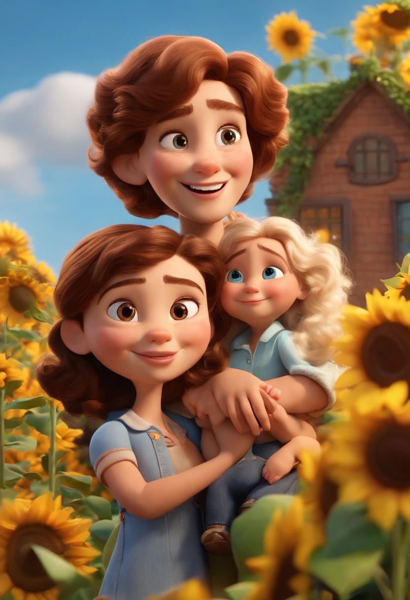 Create a Disney PIXAR-style 3D poster. Daddy straight hair and light skin and mom light blonde curly hair picture, brother and sister)), ((2 children)) ((1 e 1 meninado, They're hugging each other, O menino tem para e cabelos preto liso escuros e olhos castanhos escuros, 1 menina tem pele cllhos e cabelos loiro e cacheados, olhos azuis e cabelos loiro e cacheados) ((tudo isso no estilo Disney PIXAR 3D, In the background, A house of sunflowers, Gloria Studio, The garden is full of nature 3D render RTX clay material, estilo de design cartunesco, POP Mart, soft lighting, linhas suaves, Spring tilt, Detailed illustrations of PIXAR 3D, Detalhes hiper-realistas, cor quente no estilo Disney PIXAR 3D))