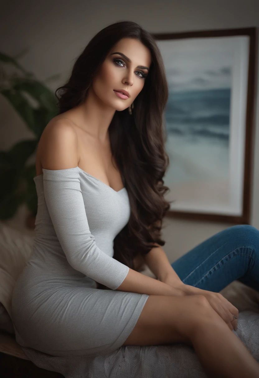 arafed frau voll , Sexy girl with brown eyes, ultra realistisch, Akribisch detailliert, Portrait of michaela schaffrath, Black hair and big eyes, Selfie einer jungen Frau, im Sofa, Violet Myers, ohne Make-up, Natural makeup, Blick direkt in die Kamera, Gesicht mit Artgram, dezentes Make-up, Stunning full body shot, die auf dem Bett kniet, im Schlafzimmer, medium to large bust size