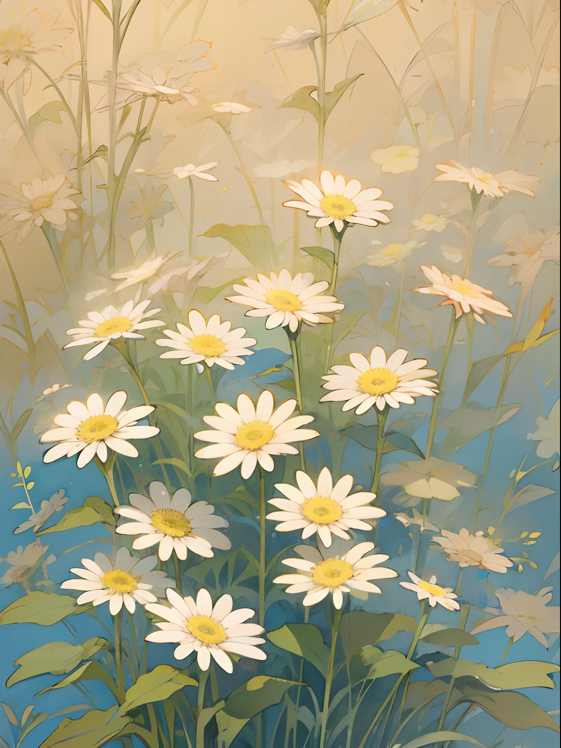 texture planar water color daisy graphic Randomly lined up across the screen technical Traditional pattern wallpaper pastel color masterpiece top quality lots of daisy