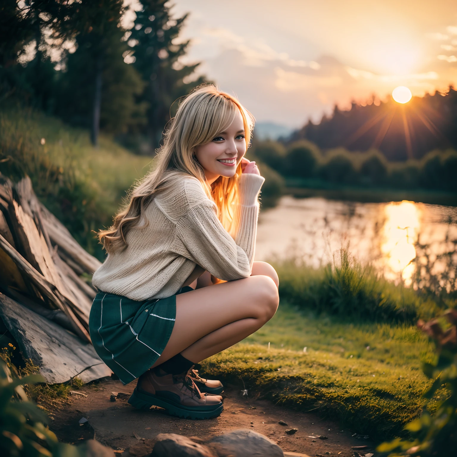1 woman, blonde hair, Skirt, Cold blouse ((Full body, Crouching, Smiling, Happy)), masutepiece, Best Quality, Perfect eyes, Perfect hands, Perfect legs, Ultra-detailed, Solo, plein air, (Sunset), mountainscape, Nature, (Stars, cloud) Cheerful, Happy, backpack, sleeping bag, Camping stove, water bottle, tennis, gloves, flash lights, forest, stony, River, Wood, Smoke, shadowy, Contrasty, Style, (warm hue, warm tone: 1.2), Cinematic Light, Side lighting, Ultra High Resolution, best shade, raw, Wooden house, Campfire