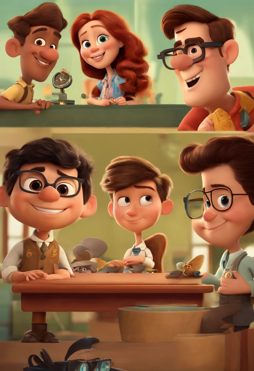 a Disney pixar-inspired movie poster with the title ("Professor Vet").  O professor em sua sala de aula  com roupas pretas, cabelo baixo corte militar, de cor da pele parda, olhos castanhos, altura 1.66 cm, with a serious eye, Brown with a watch on his right arm) a cena deve estar no distinto estilo de arte digital da Pixar, with a focus on character expressions, Vibrant colors and detailed textures that are characteristic of animations