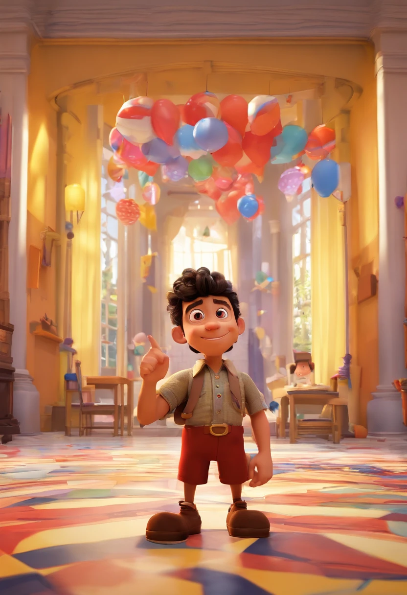 Crie um cartaz inspirado na Disney Pixar com o personagem sendo um jovem menino de terno preto gracata vermelha , A black-haired man without glasses, the scene will be in Pixar's distinctive digital art style. Focus on character expressions, Vibrant colors and detailed textures present your animations, with the title " Keniston Braga no meio, Quero a cena dos principais filmes do PIXar