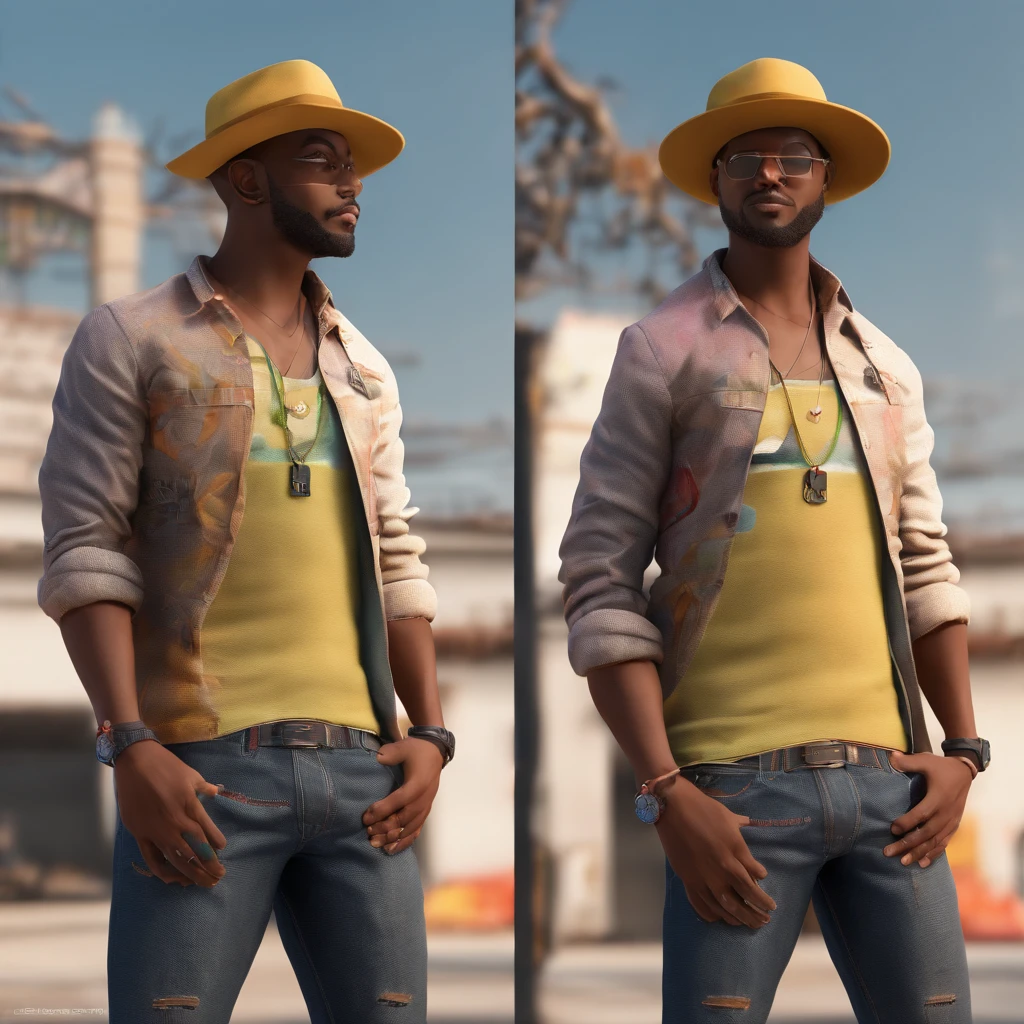 Homem de jaqueta jeans e camisa preta sorrindo, masterpice de arte, grande sorriso, arte oficial, Godwin Akpan, photo shoot, retrato africano Jesse Pinkman, Album art, giga Chade, Torta Sussy, Tiro de RP, Jorge Pemba, smug look, editing, my rendition, Iluminado, Foto promocional, Internet em si