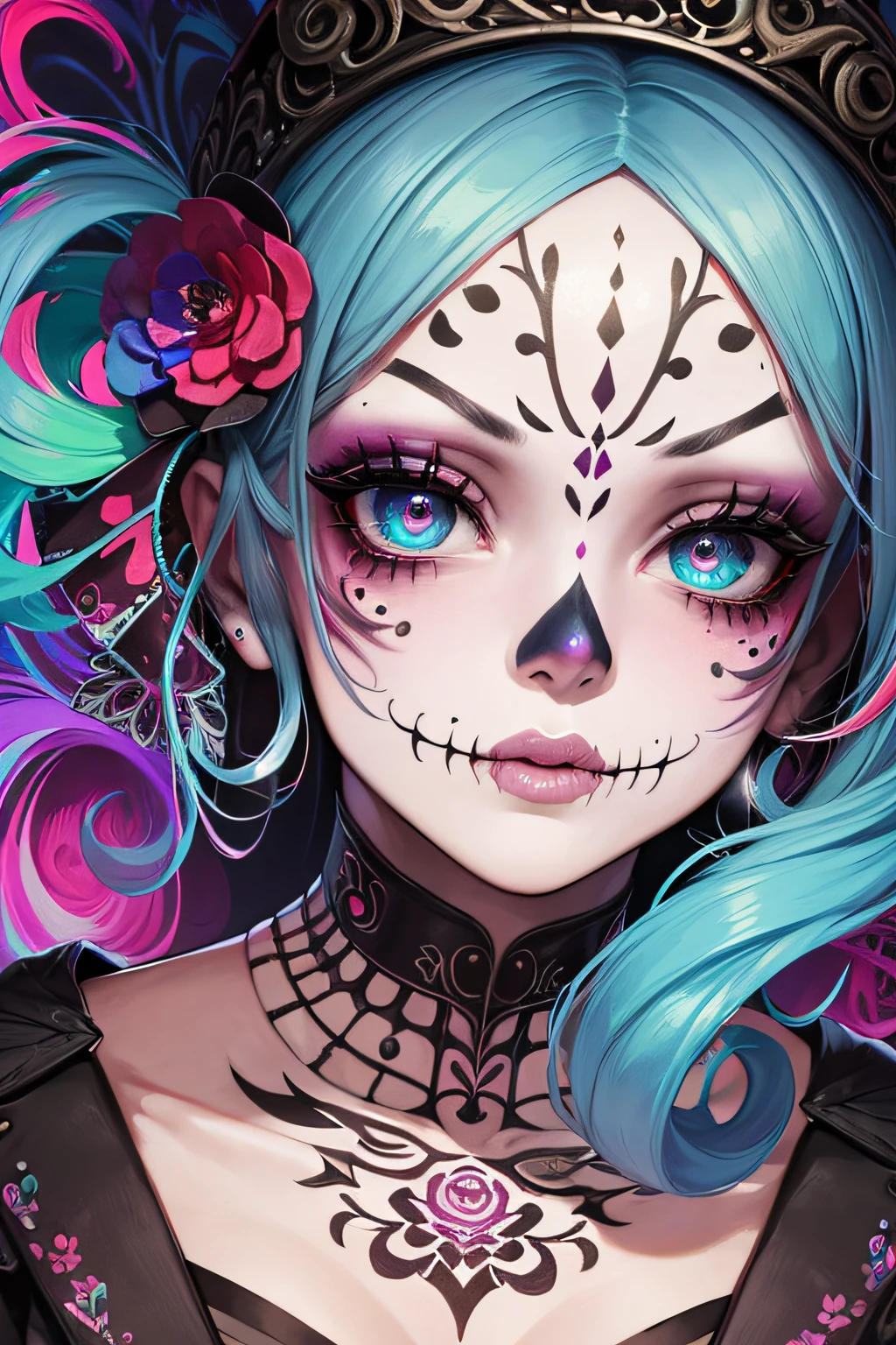 in a psychedelic style a representation of the Day of the Dead on a female face, magnificent and detailed. Lots of texture and an spiral explosion of multiple colored powder in the background