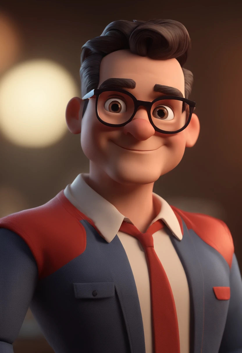 Cartoon character of a man with black glasses and a red shirt, animation character, Caractere estilizado, animation style rendering, 3D estilizado, Arnold Maya render, 3 d render stylized, toon render keyshot, Personagem 3D, Personagem 3D, 3d rendering stylized, 3 d character render, personagem de desenho animado, Personagem de close up, Pose de personagem, (Estilo Pixar) (master part:1.2) (Bokeh) (best quality) (pele detalhada) (textura detalhada) (8k) (argila) (Cinematic lighting) (foco nítido