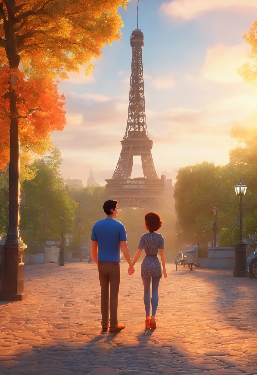 Estilo Pixar: o casal esta posando para foto em frente a torre eifel