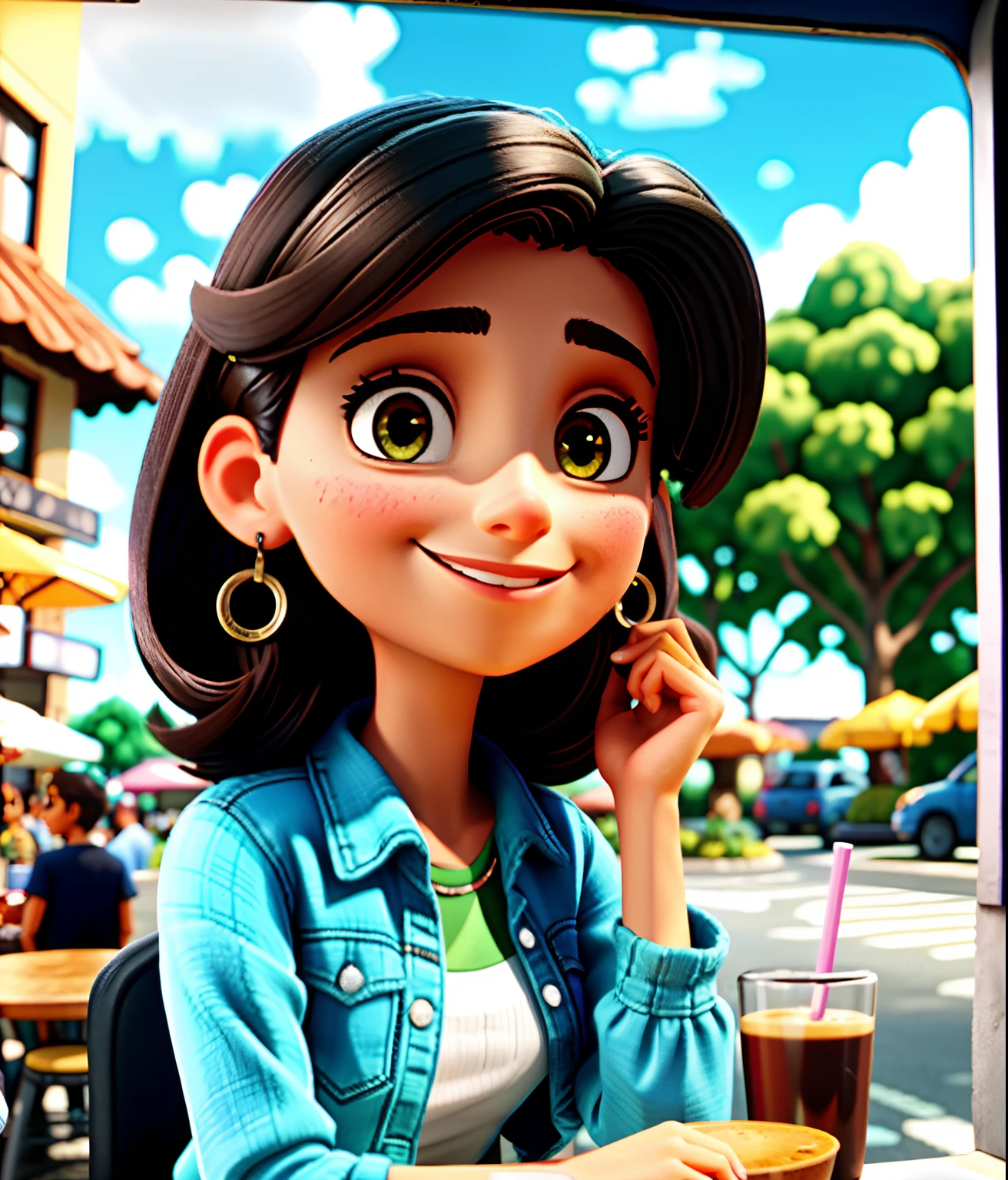 Beautiful Brazilian woman sitting and drinking coffee outside on the street side in a small café, beautiful face, Short black hair to the nape of her neck with brown eyes and heavy eyeshadow, Wearing jeans and a black polo shirt, grande estilo de moda, looking at you with loving eyes and a soft smile, Background is a European city of the city center, Fundo desfocado, profundidade de campo rasa, Cinematic light, luz suave, retroiluminado, micro-detalhes, fotorrealismo, fotorrealista, cinemactic, 85mm 1.4