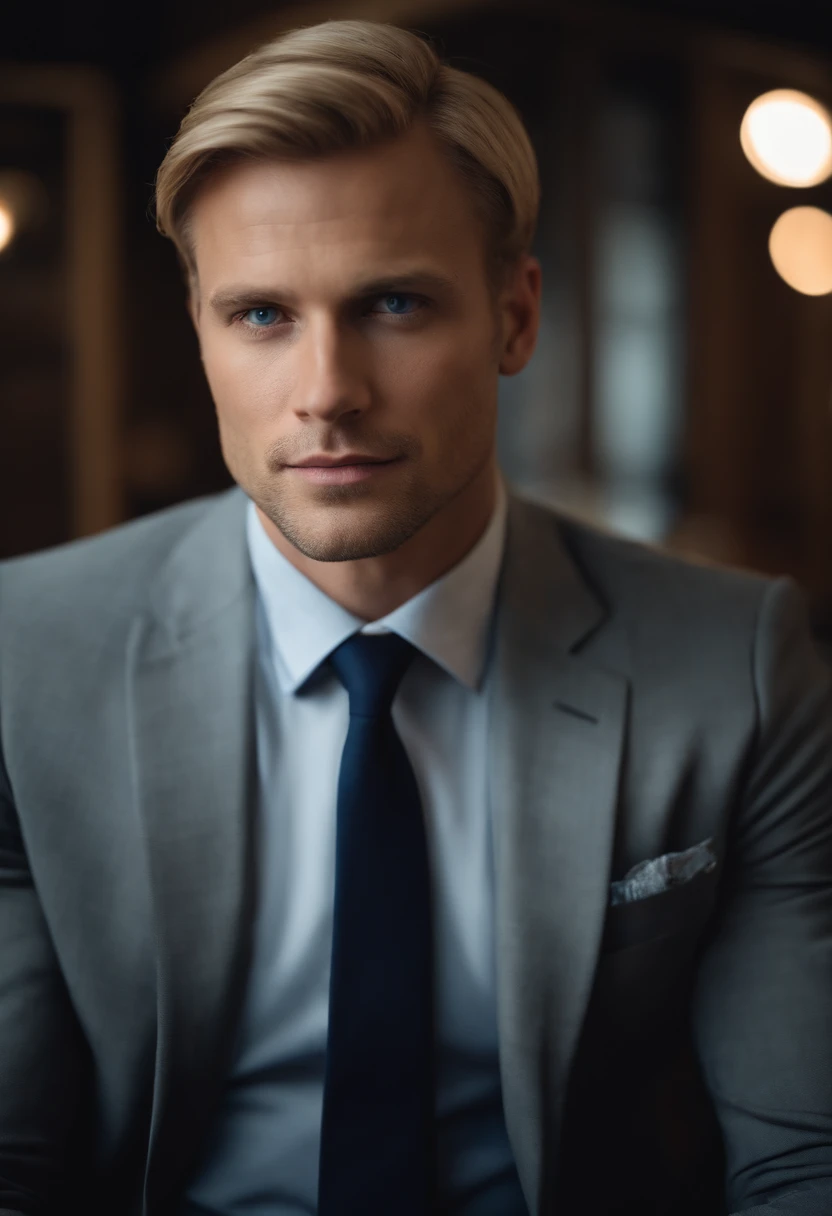 Fair complexion, Male about 36 years old, Natural blonde hair, Distinctive blue eyes, Wearing Kohl, slender and graceful, beutiful, Cabinet furniture, ultra sharp focus, realistic shot, Clothing Classic Three-piece Suit, Notebook colors