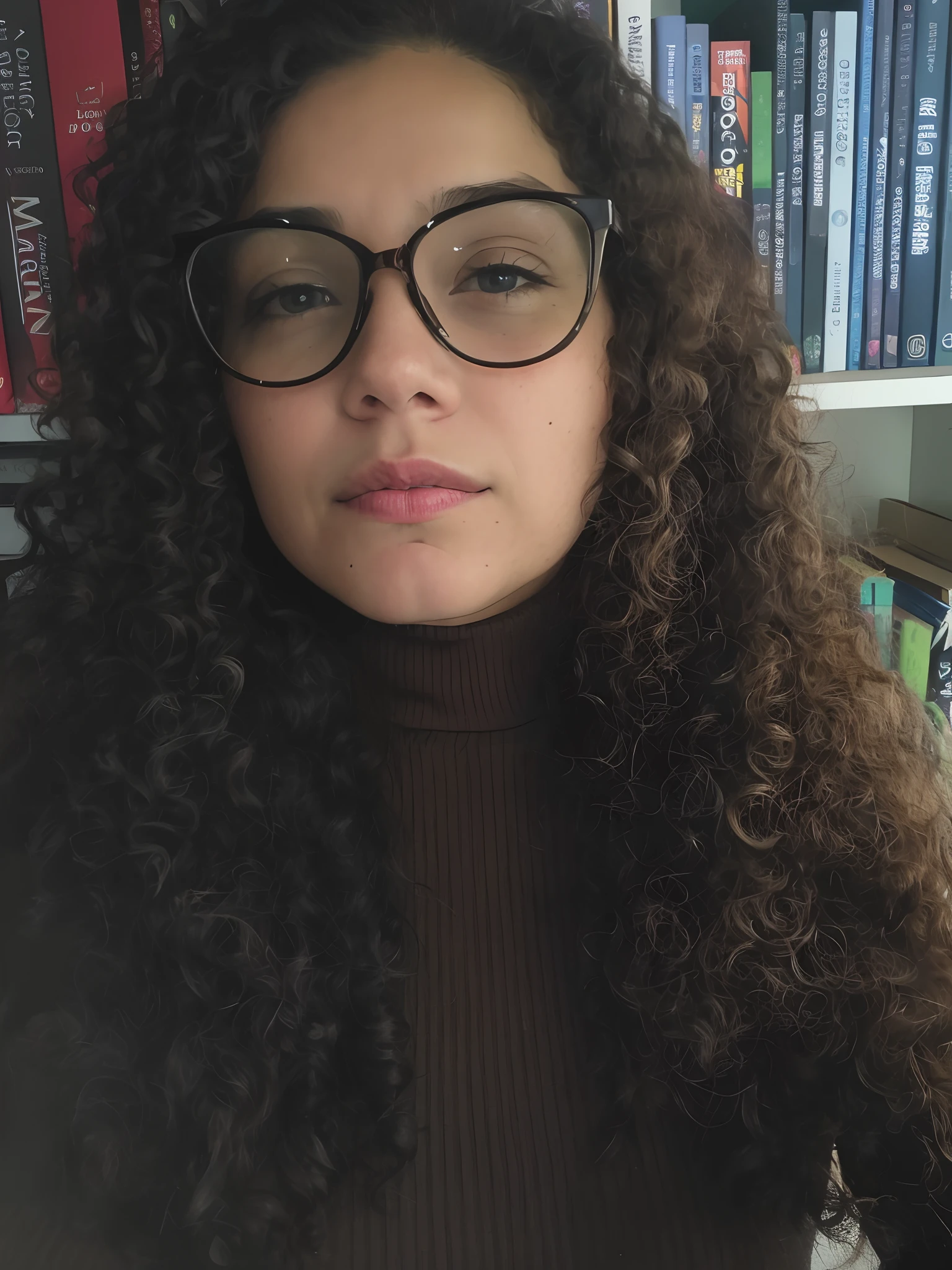 Woman with glasses and a turtleneck sweater in front of a bookshelf, seu rosto emoldurado com cachos, cabelos ondulados espalhados, retrato frontal, imagem frontal, staring directly at camera, Long wavy golden hair and glasses, staring directly at camera, Looking directly at the camera, enrolado ligeiramente nas extremidades, looking away from camera