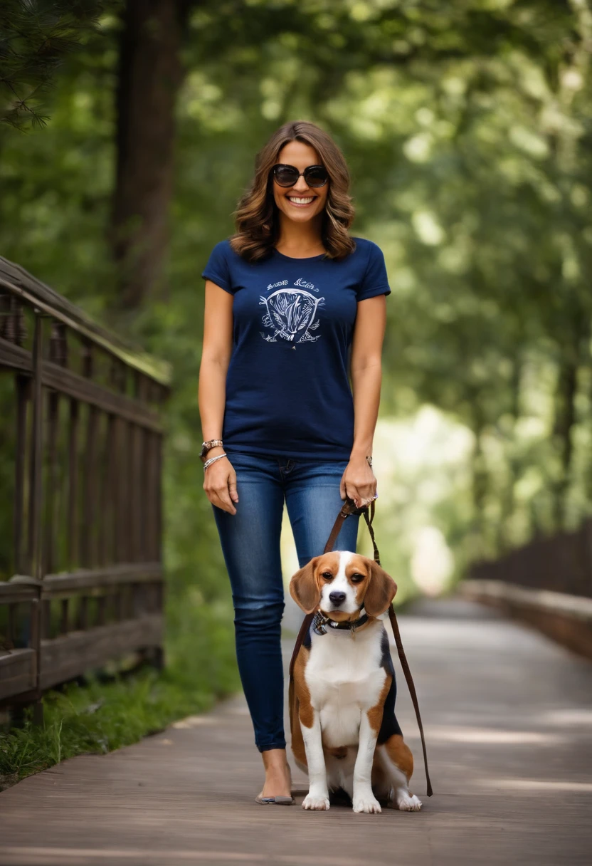 Pixar. Casal com um filhote de cachorro beagle marrom. A tem os cabelos loiros amarrados, Camiseta cinza e jeans claro, white glasses. O meninobelos pretos com cabelos grisalhos, barba pequena, oculos, Dark blue jeans and gray t-shirt. They are both smiling and are 40 years old